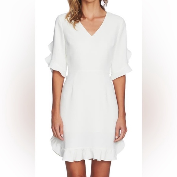 CeCe Dresses & Skirts - CeCe White Ruffle V-Neck Sheath Dress Size 0 Feminine Bridal Shower Summer